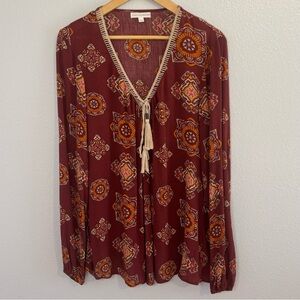 Coco + Jaimeson Boho Medallion Print Tassel Peasant Blouse Size L
